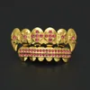 New Gold Plated Iced Out Blue CZ Strass Hip Hop Denti per bocca GRILLZ Caps Top Bottom Grill Set Denti da vampiro Gioielli