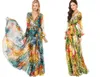 2016 nouvelle arrivée femmes col V Été tropical fleurs impression en mousseline de soie manches longues tempérament robe longue