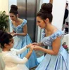 Amazing Sky Blue Prom Dresses Sexy Off The Shoulder Lace Up Back Evening Gowns Sweep Train Celebrity Dress Formal Wear Custom Made