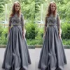 Elegant 2017 grå spets halv ärm topp satin kjol två bitar prom klänningar lång billig ruched golv längd formella klänningar anpassade EN102611