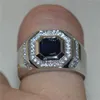 Masculino 925 prata quadrado azul safira simulado diamante zircão gem pedra anéis moda noivado casamento bandas jóias boys237v