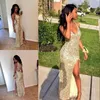 Sexy Gold Cekiny Arabskie Prom Party Dresses V Neck High Slit Syrenka Backless Plus Rozmiar Tanie African Evening Wear Suknie Prawdziwe zdjęcie