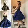 Elegancki Royal Blue Short Homecoming Dresses Sheer Jewel Neck Aplikacje Sexy Backless Prom Dresses 2019 Junior Graduation Cocktail Sukienki
