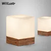 Willlustr Cubi Lampa stołowa Cubic Frosted Glass Shade Dąb Drewno Base Desk Light Nordic Nordic Minimalism Design Lighting Bedside Hotel Cafe