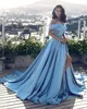 Modest Light Blue Satin Prom Dresses Long Off The Shoulder Cheap Formal Party Gowns Evening Wear With High Split Custom Designer