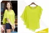 Abiti stile Europa estate Donna signora Camicette Maniche a pipistrello T-shirt Girocollo Top in chiffon Sexy Elegante taglia S-XL Blu / Giallo / Cachi