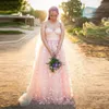 Blozen roze trouwjurken 2018 zomer sweetheart tule flora appliques strand bruidsjurken een lijn bruiloft vestidos op maat gemaakt
