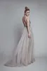 2017 Sexig Paolo Sebastian Evening Dresses Deep V Neck Beaded Crystal Tulle High Split Long Gray Evening Gowns Prom Party Dresses