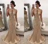 Arabisch siger sexy goldene Abendkleider tragen juwelhals schlüsselloch kristallperlen mermaid satin offen rücken fege formale party kleider kleider