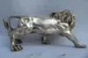 China Folk Refined white Copper Silver Feline animal Ferocious Male lion Statue