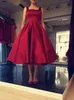 2023 Red Tea Length Satin Prom Dress Open Back With Bow Plus Size Square Neck A-line Straps Formal Evening Gowns Custom Made