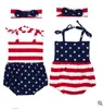 Mädchen Strampler Kinder INS Flagge Vereinigte Staaten Onesies Große Bögen Stirnband Anzüge Kleinkinder Drucken Sommer Overalls Baby Sommer Mode J450