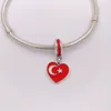 Andy Jewel 925 Gümüş Boncuklar Türkiye Kalp Bayrağı Kırmızı Beyaz Emaye Uygun Mücevher Yapımı için Avrupa Pandora Tarzı Bilezikler Kolye 791552enmx