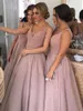 Prachtige blozen roze een lijn vloer lengte bruidsmeisje jurken kralen v-hals plus size meid van eer jurken lange prinses bruiloft gasten jurk