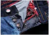 Groothandel-mode heren hiphop kleurrijke patchwork jeans nieuwe dans jeans slim fit designer nacht club jeans knop gekleurde patch 29-38
