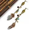 idealway Bohemian Vintage Bronze Feather Leaves Flower Buddha Statue Exaggerated Turquoise Dangle Drop Earrings For Women Jeweley