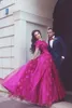 Saoedi-Arabische prom jurken 2017 juweel 3D-floral appliques kralen korte mouwen vloer lengte paar mode avondjurken