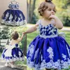Bonito Azul Royal Do Bebê Vestidos Formais 2017 Rendas Apliques de Espaguete Crianças Primeira Comunhão Vestidos Com Grande Arco Vestido Da Menina de Flor Para O Casamento