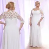 Lace branco Plus Size vestidos de casamento com mangas Sheer Bateau pescoço a linha Bohemian vestido de noiva até o chão Chiffon Beach vestidos de noiva