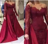 Bordo Mermaid Abiye Ile overkirt (ayrılabilir tren) Sheer Boyun Sequins Uzun Kollu Balo Elbise Saten Ve Dantel Parti Törenlerinde