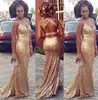 Sexig Backless South African Evening Dresses Mermaid Gold Sequins Black Girls Party Dresses Ärmlös Nigerian Promg Gowns