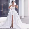 Modern 2019 Arabic Wedding Dresses With Long Detachable Train Sweetheart Sheath Short Lace Appliqued Beaded High Low Bridal Gowns EN8074