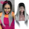 Reta Ombre Cor Peruca 1B / Cinza Laço Completo Peruca Do Cabelo Humano 130% Densidade Com Raízes Negras Escuras 100% Brasileiro Virgem Humano Cabelo 1B / Gray Wig