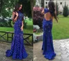 Sparkly Royal Blue Lace Evening Gowns Sequins Beaded Open Back Mermaid Prom Dress See Through Sweep Train Cocktail Party Dress