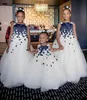 해군과 백인 꽃 소녀 드레스 결혼 2018 제국 민소매 플로라 아플리케 소녀 미인 대회 드레스 Tulle 라인 미녀 파티 드레스