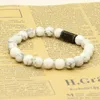 Nuovi gioielli da uomo all'ingrosso 8mm perline di marmo bianco howlite con squisito micro intarsio nero braccialetto rettangolo cz