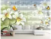 3d personnalisé papier peint blanc lys frais et élégant papillon TV canapé fond mur 3d peintures murales papier peint pour salon