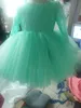 Lovely Toddler Flower Girl Dresses Turquoise Lace Top Crystals Illusion Long Sleeve Puffy Tulle Short Flowergirl Dress for Weddings