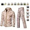 Softshell Outdoor Jacka Byxa Set Skogsmark Jakt Skytte Kläder Taktisk Camo Coat Stridskläder Kamouflage Vindjacka
