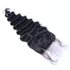 Fechamentos de laço de cabelo humano de onda profunda 4x4 Natural Natural Negro Branqueado nós pré-arrancados