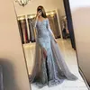 Evening Dresses Wear 2018 New Silver Gray Black Off Shoulder Lace Appliques Beaded Tulle Split Long Sleeves Party Dress Formal Prom Gowns