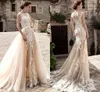 Lussano Vintage Etekler Üzerinde Etekler Tül Gelinlik A-Line Mermaid Vintage Dantel Aplike Sash Dekolabı Tren Boho Gelinlikler