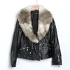 Wholesale- warm fur collar Rainproof black leather jacket women Biker Motorcycle 2016 colete de pele long sleeve punk faux fur Short Coat