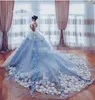 놀라운 3D 아플리케 웨딩 드레스 2018 아이스 블루 peplum 성당 기차 신부 가운 사용자 정의 얇은 명주 그물 leados
