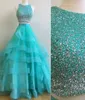 Sparkly Two Piece Prom Dresses Juvel ärmlösa paljetter med pärlor Tiered Tulle Ball Gown Navy Blue Red White Prom Dress Sweet 162864003