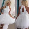 White Short Homecoming Dresses Beading Halter Neck Tulles Mini Cocktail Dresses Sleeveless Pageant Girls Skirt