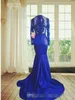 Långärmade Lace Prom Dress Mermaid Style High Neck Genomefter Lace Appliques Sexiga Royal Blue African Party Evening Gowns 2019
