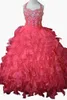 Kırmızı Prenses Halter Boncuklu Kristal Pageant Elbiseler Gençler Kızlar Ruffles Kat Uzunluk Custom Made Çiçek Kız Dans Parti Abiye