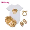 Wholesale- Infant Brand Baby Clothing Sets Cotton Baby Girl Short Sleeve Bodysuit+Gold Ruffles Bloomers+Headband+Shoes Newborn 2016