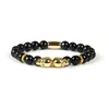 Fashion Jewelry Wholesale 8mm Faceted Blue and Black Agate Stone Micro Pave Double Skull Beaded Bracelets for men
