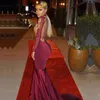 Sexiga långa ärmar sjöjungfrun prom klänningar hög nacke applikationer pärlstav guld satin burgundy backless afrikanska svarta tjejer kvällsparty klänningar