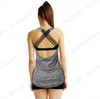 Grå kvinnor yoga tee skjorta sexig rygg rygg crisscross sport fitness gym skjortor torr fit cykling springa utbränd tank top blus5834506