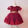 2017 Belle Robe De Fille De Fleur Au Genou Dentelle-Applique Paillettes Dorées Tulle Tenues D'anniversaire De Bébé Filles Mignonnes Robes De Communion De Bébé Filles