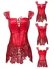 Faux cuir Corset plus récent noir rouge grande taille Corset dentelle hors épaule ourlet avant à lacets Bustier Corset dos fermeture éclair Corselet