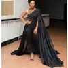 Black One Shoulder Evening Dresses Cape Jacket/Wrap Style Lace Appliques Prom Dresses Sheath Saudi Arabic Women Formal Party Vestidos