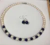 Charming!White Akoya Cultured Pearl/Lapis Lazuli necklace earrings set A23